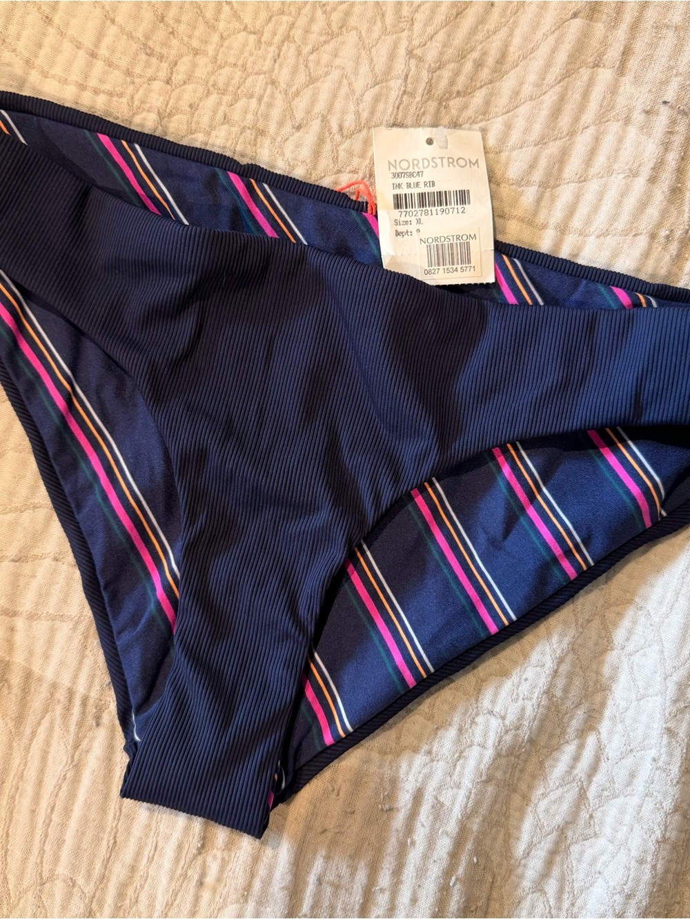 Maaji reversible Navy Bikini Bottom with Pink and White Stripes (new)